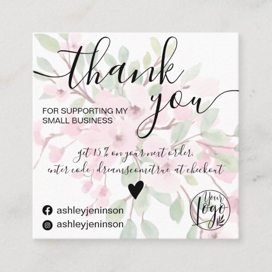 ピンクのフローラガーリー水の色感謝していを注文 スクエア名刺 (正面)