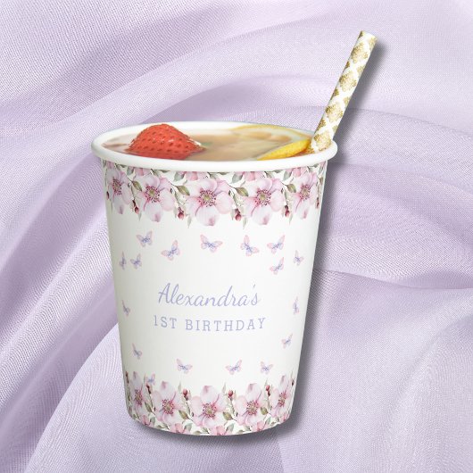 ピンクのフローラガールお洒落バタフライ1st誕生日 紙コップ