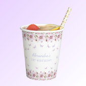 ピンクのフローラガールお洒落バタフライ1st誕生日 紙コップ