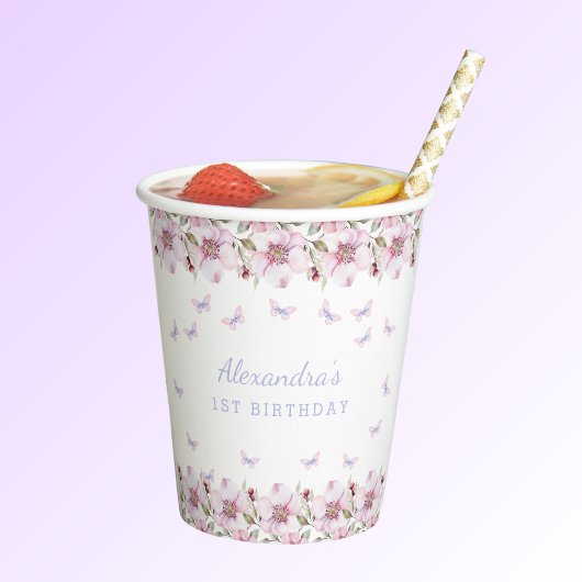 ピンクのフローラガールお洒落バタフライ1st誕生日 紙コップ