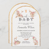 ピンクのフローラガールかわいい白鳥プリンセス赤ちゃんシャワー 招待状 (正面/裏面)