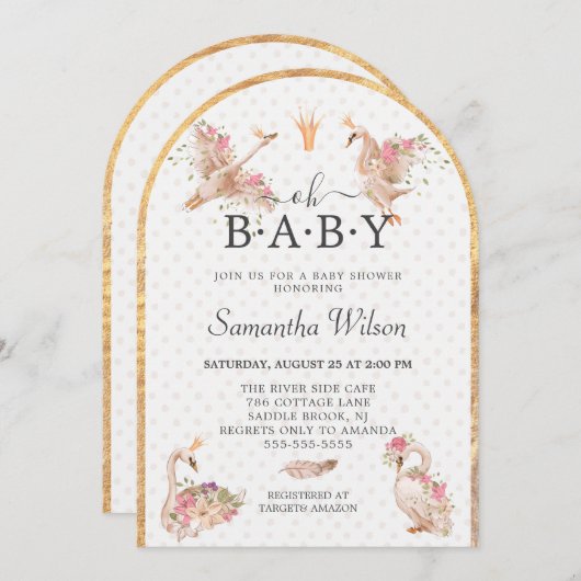 ピンクのフローラガールかわいい白鳥プリンセス赤ちゃんシャワー 招待状 (正面/裏面)