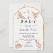 ピンクのフローラガールかわいい白鳥プリンセス赤ちゃんシャワー 招待状 (正面)