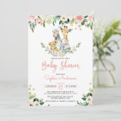 ピンクのフローラガールサファリジャングル動物ベビーシャワー 招待状 (スタンド正面)