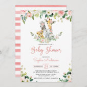 ピンクのフローラガールサファリジャングル動物ベビーシャワー 招待状 (正面/裏面)