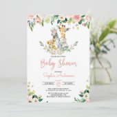 ピンクのフローラガールサファリジャングル動物ベビーシャワー 招待状 (スタンド正面)