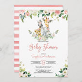 ピンクのフローラガールサファリジャングル動物ベビーシャワー 招待状 (正面/裏面)