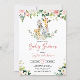 ピンクのフローラガールサファリジャングル動物ベビーシャワー 招待状