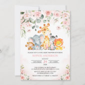 ピンクのフローラガールサファリジャングル動物ベビーシャワー 招待状 (正面)