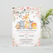ピンクのフローラガールサファリジャングル動物ベビーシャワー 招待状 (スタンド正面)