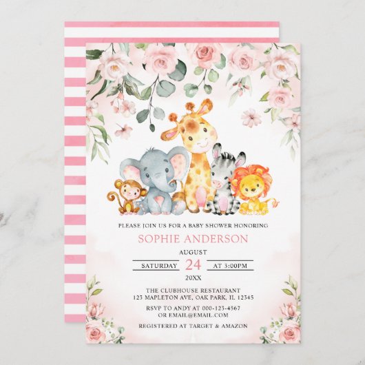 ピンクのフローラガールサファリジャングル動物ベビーシャワー 招待状 (正面/裏面)