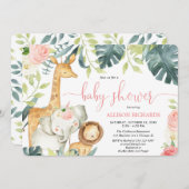 ピンクのフローラガールサファリージャングル動物のベビーシャワー 招待状 (正面/裏面)