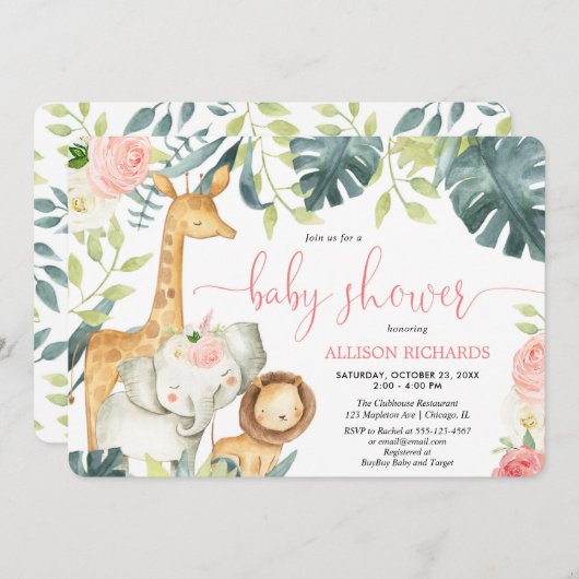 ピンクのフローラガールサファリージャングル動物のベビーシャワー 招待状 (正面/裏面)