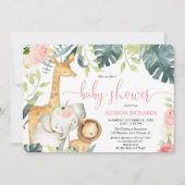 ピンクのフローラガールサファリージャングル動物のベビーシャワー 招待状 (正面)