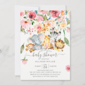 ピンクのフローラガールズサファリ動物ベビーシャワー 招待状 (正面)