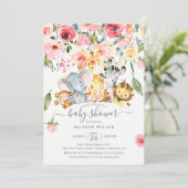 ピンクのフローラガールズサファリ動物ベビーシャワー 招待状 (スタンド正面)