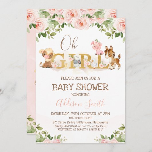 ピンクのフローラガールズファームをテーマにした赤ちゃんシャワー 招待状 (正面/裏面)