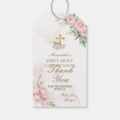 ピンクのフローラガールファースト聖餐式金ゴールド十字架 ギフトタグ (裏面)