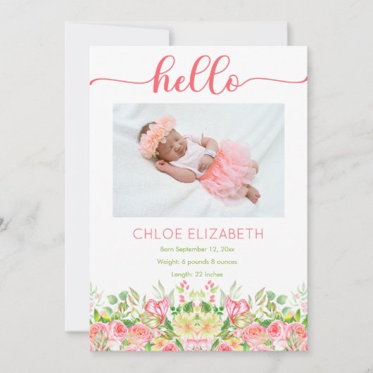 ピンクのフローラガールフォトコラージュ誕生のお知らせ 案内状 (正面)