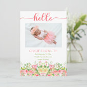 ピンクのフローラガールフォトコラージュ誕生のお知らせ 案内状 (スタンド正面)
