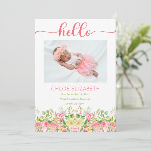ピンクのフローラガールフォトコラージュ誕生のお知らせ 案内状 (スタンド正面)