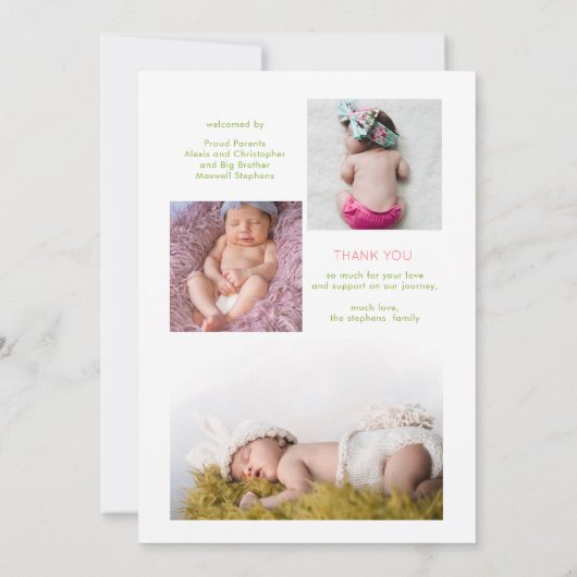 ピンクのフローラガールフォトコラージュ誕生のお知らせ 案内状 (裏面)