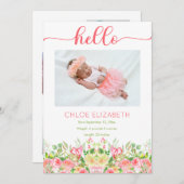 ピンクのフローラガールフォトコラージュ誕生のお知らせ 案内状 (正面/裏面)