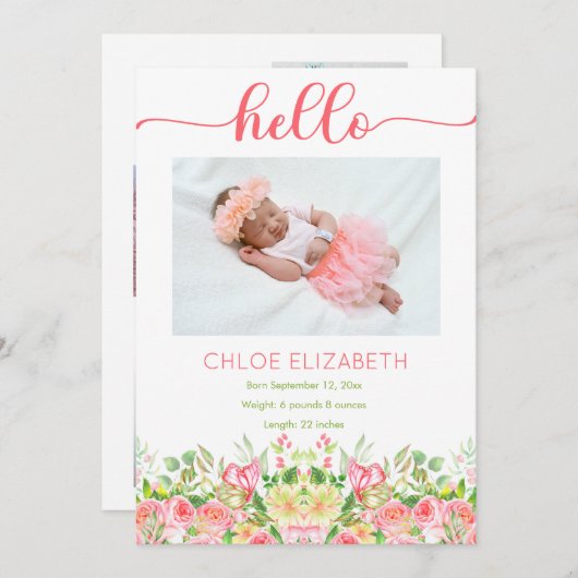 ピンクのフローラガールフォトコラージュ誕生のお知らせ 案内状 (正面/裏面)