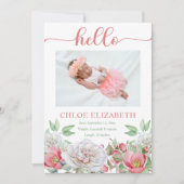 ピンクのフローラガールフォトコラージュ誕生のお知らせ 案内状 (正面)