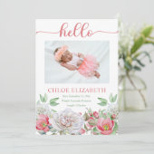 ピンクのフローラガールフォトコラージュ誕生のお知らせ 案内状 (スタンド正面)
