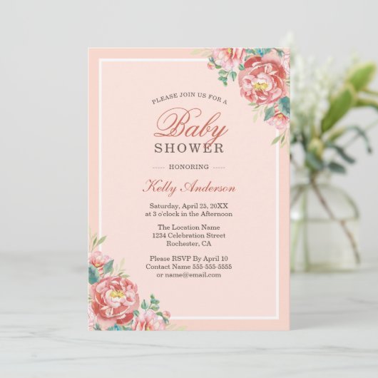 ピンクのフローラガールベビーシャワー招待状 招待状 (スタンド正面)
