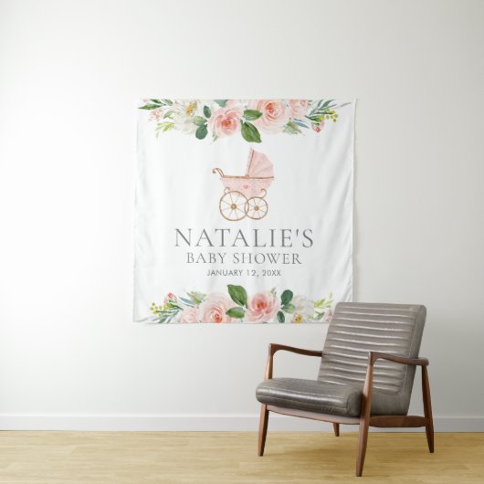 ピンクのフローラガールベビーシャワー背景タペストリー タペストリー (インサイチュ)