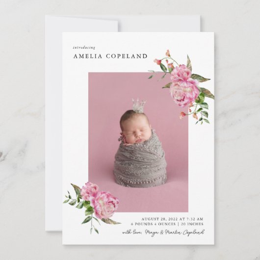 ピンクのフローラガールベビー写真誕生のお知らせ 案内状 (正面)