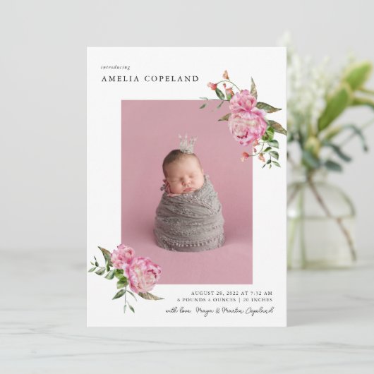 ピンクのフローラガールベビー写真誕生のお知らせ 案内状 (スタンド正面)