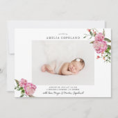ピンクのフローラガールベビー写真誕生のお知らせ 案内状 (正面)