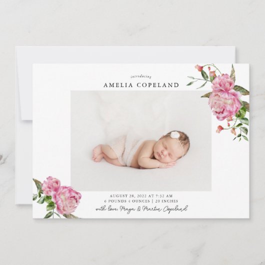 ピンクのフローラガールベビー写真誕生のお知らせ 案内状 (正面)