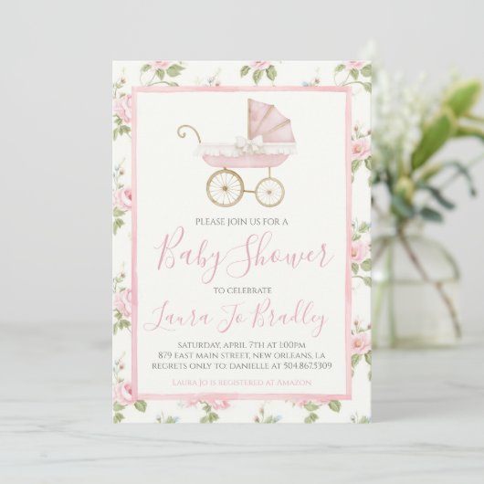 ピンクのフローラガール名門私立校風のサザンベビーシャワー 招待状 (スタンド正面)