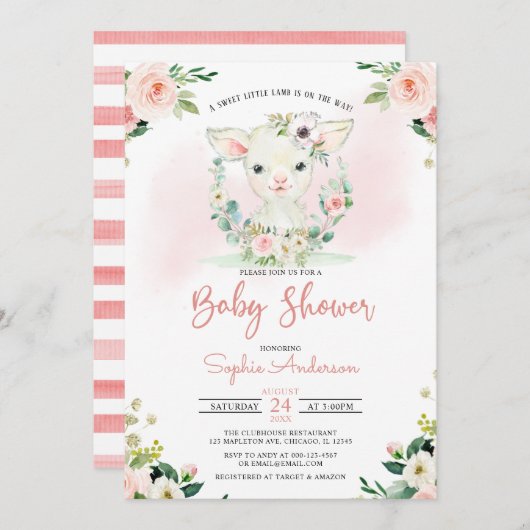 ピンクのフローラガール小さな子羊の赤ちゃんシャワー 招待状 (正面/裏面)