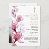ピンクのフローラキリスト教記念葬儀写真 招待状 (正面/裏面)