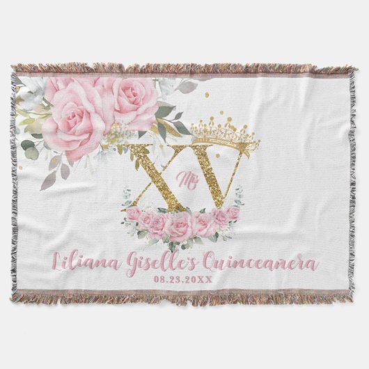 ピンクのフローラクラウンXVキンセアニラクインズキープサケ スローブランケット (正面)