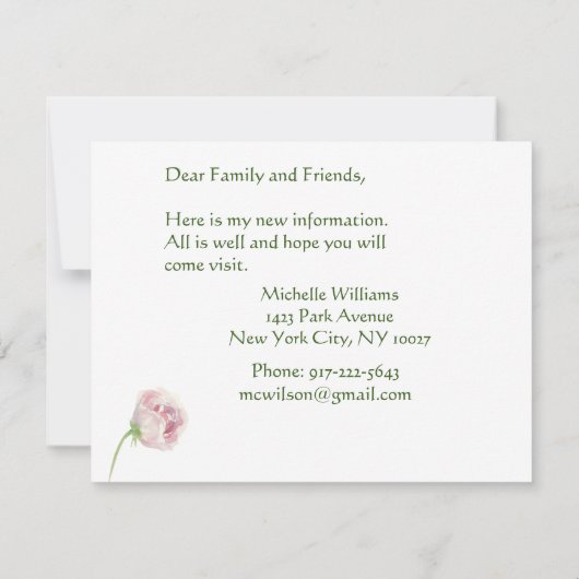 ピンクのフローラクラシックを移エレガント動 案内状 (裏面)