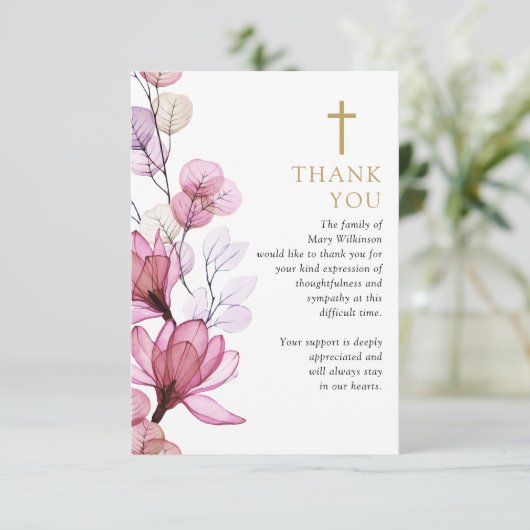 ピンクのフローラクリスチャンお祝いの生活写真 サンキューカード (スタンド正面)