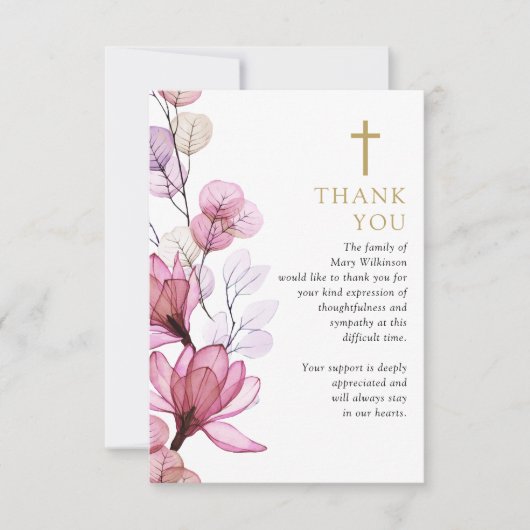 ピンクのフローラクリスチャンの生活葬儀お祝い サンキューカード (正面)