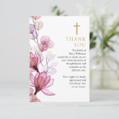 ピンクのフローラクリスチャンの生活葬儀お祝い サンキューカード (スタンド正面)