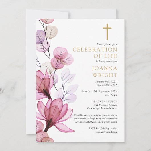 ピンクのフローラクリスチャンの生活葬儀お祝い 招待状 (正面)