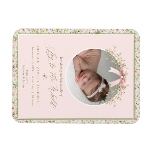 ピンクのフローラクリスマスフォトベビーのお知らせ マグネット (横)