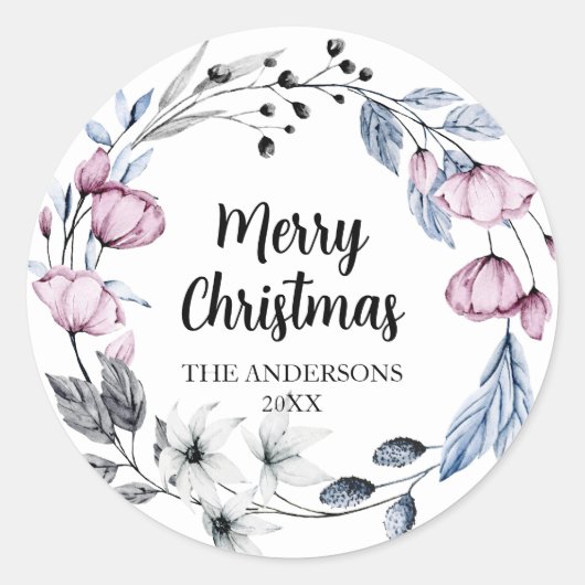 ピンクのフローラクリスマス封筒用シール ラウンドシール (正面)