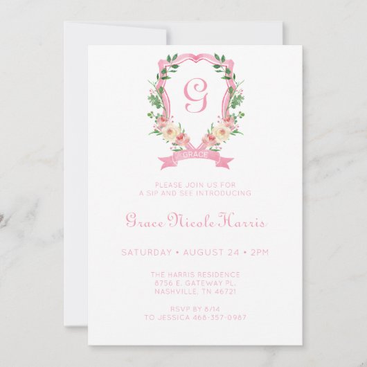 ピンクのフローラクレストガールSipと参照招待状 招待状 (正面)
