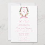 ピンクのフローラクレスト女の子の赤ちゃんシャワー 招待状 (正面)