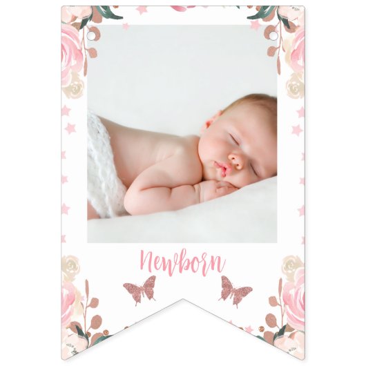 ピンクのフローラグリッター蝶の毎月のバナー バンティングフラッグ (第2の旗)